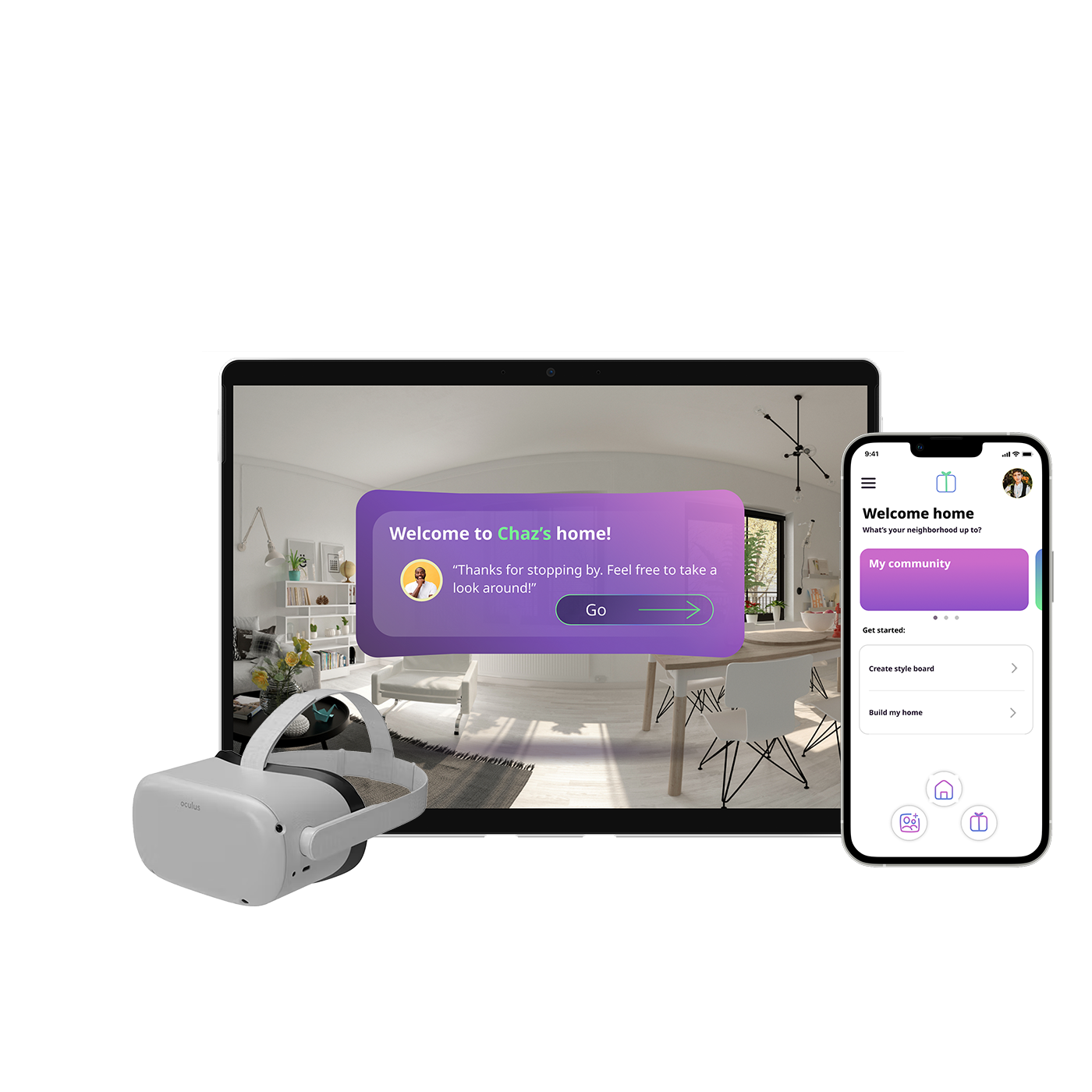 Life in the Present — laptop, VR headset, and mobile app mockup